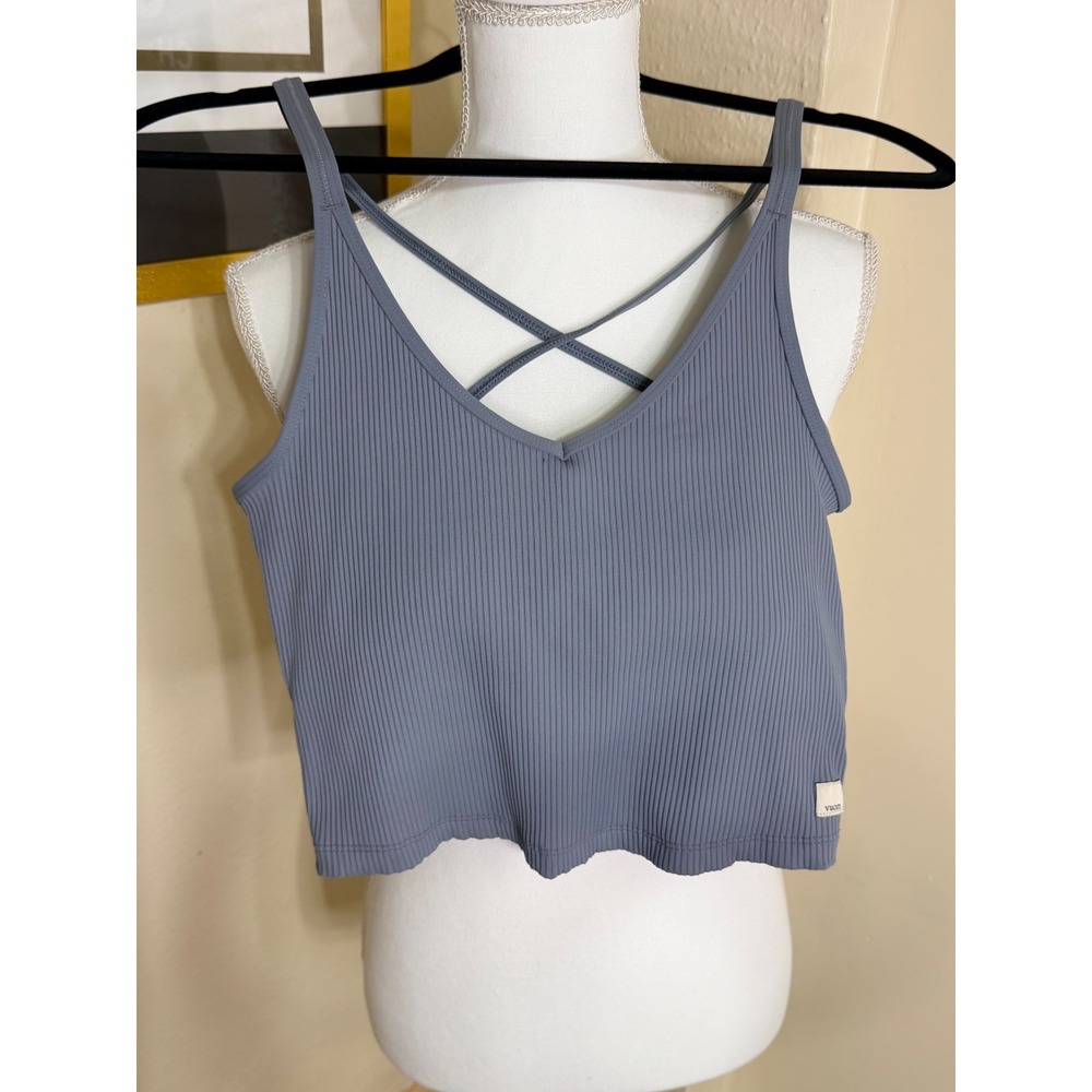 Vuori Mindset Crop Tank Dusty Blue Ribbed Strappy Back V-Neck Athletic Top Small